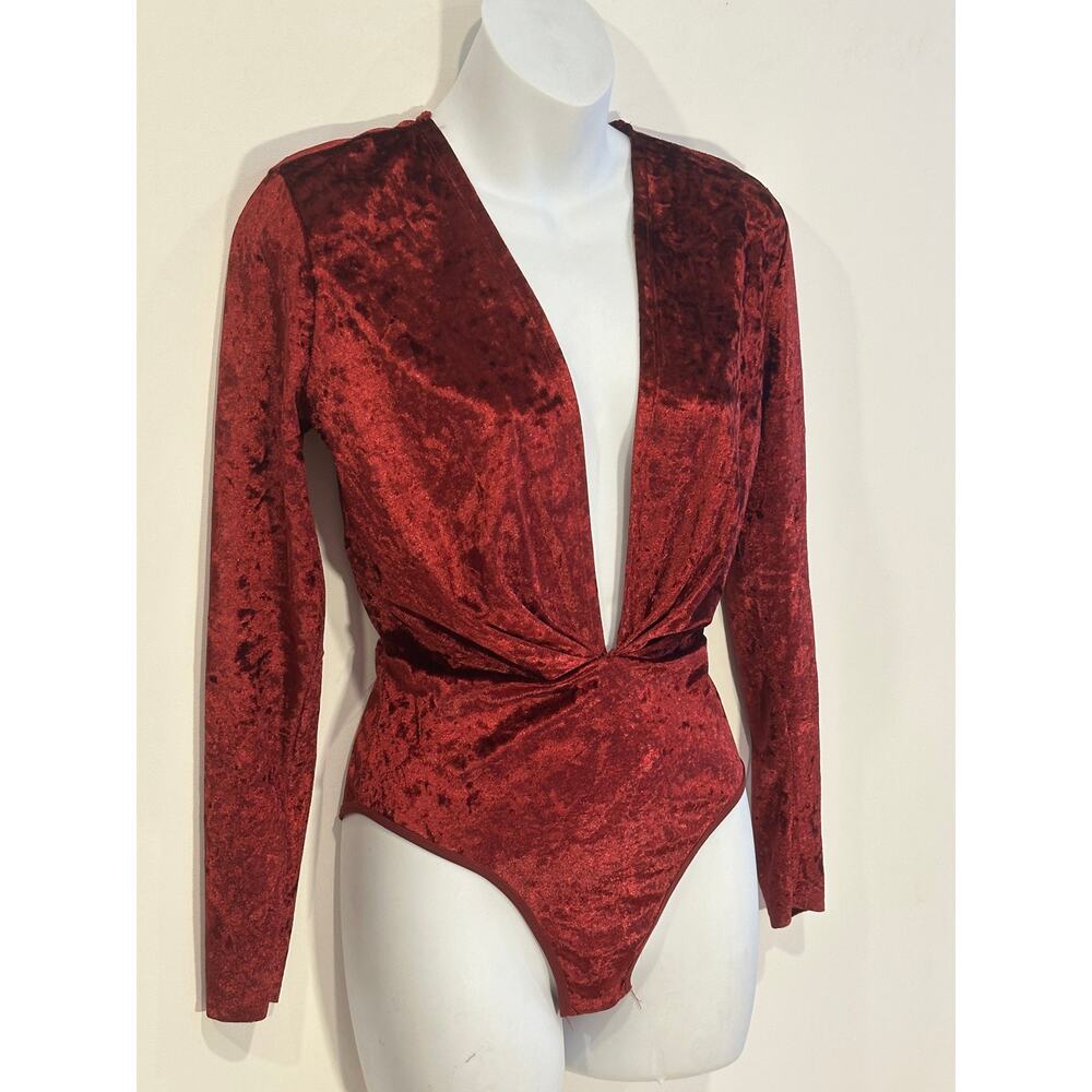 Vintage Fredericks of Hollywood Crushed Velvet Deep Plunge Bodysuit Wine Red Sm - Picture 2 of 9